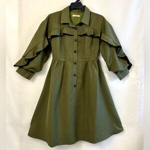 New Khaki Green Fit and Flare Ruffle Sleeves Short Dress / Small